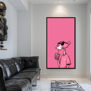 Lienzo de Pantera Rosa Chill, Arte de Pantera con Té de Burbujas, Arte de Pared de Dibujos Animados, Impresión de Póster Rosa, Diseño de Lienzo de Arte de Pared, Decoración Lista para Colgar