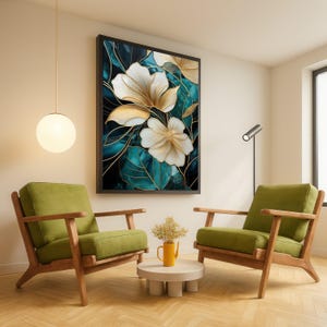 Elegant Gold and Teal Floral Canvas, Luxury Botanical Wall Art, Modern Flower Design, Home Décor Canvas, Contemporary Nature Artwork