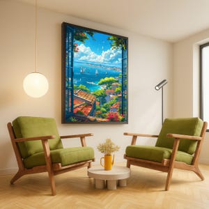 Mediterranean Coastal View Canvas, Open Window Scene, Sailboats on Blue Sea, Floral and Landscape Wall Art, Bright Summer Home Decor