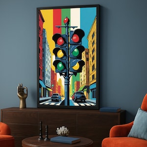 Colorful City Traffic Light Canvas, Urban Street Scene Wall Art, Modern Home Decor, Vibrant Cityscape Canvas Painting, Ready to Hang