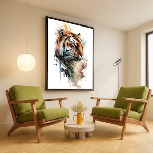 Majestic Tiger Portrait Canvas, Watercolor Animal Wall Art, Wildlife Painting Print, Modern Safari Home Decor, Ready to Hang Canvas
