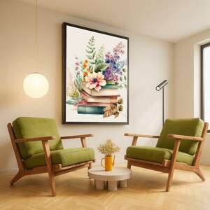 Vintage Books with Floral Bouquet Canvas, Botanical Wall Art, Literary Home Decor, Nature Illustration Canvas Art, Ready to Hang Decoration