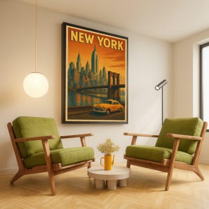 Vintage New York Skyline Canvas, Brooklyn Bridge Wall Art, Classic Yellow Taxi Decor, Retro Cityscape Print, Nostalgic Urban Canvas