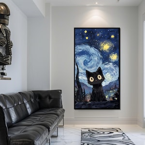 Sternenklare Nacht Katze Leinwand, Katzen Wandkunst, Sternenhimmel Kunst, Tierposter, Wandkunst Leinwanddesign, fertig zum Aufhängen