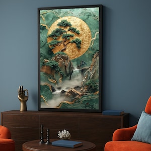 Mystical Bonsai Tree and Waterfall Canvas, Asian Landscape Wall Art, Gold Accent Nature Scene, Zen Decor, Tranquil Home Decoration