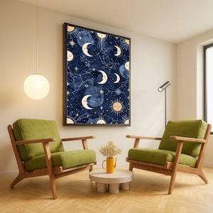Mystical Moon Faces and Constellations Canvas, Celestial Wall Art, Night Sky Decor, Astrology Stars Illustration, Cosmic Bedroom Art