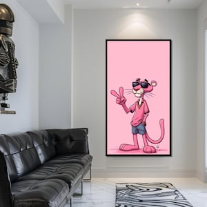 Cooler Pink Panther Leinwand, Cartoon Kunst, lustige Tierwandkunst, stilvoller rosa Druck, Wandkunst-Leinwanddesign, fertig zum Aufhängen der Dekoration