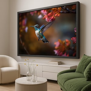 Vibrant Hummingbird in Flight Canvas, Floral Spring Wall Art, Nature Bird Decor, Colorful Wildlife Canvas, Ready to Hang Home Decoration