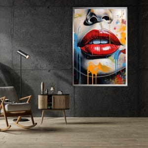 Vibrant Lips Canvas, Red Lips Art, Dripping Paint Design, Modern Wall Art Canvas, Ready to Hang Decoration, Color Splash Poster