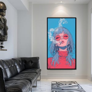 Lienzo retro de chica cool, impresión artística de fumar, arte de pared estilo anime, lienzo de pared de chica con gafas de sol, decoración lista para colgar