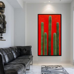 Grüner Kaktus Leinwand, Roter Hintergrund Kunst, Wüstenwanddruck, Sukkulenten Poster, Wandkunst, fertig zum Aufhängen