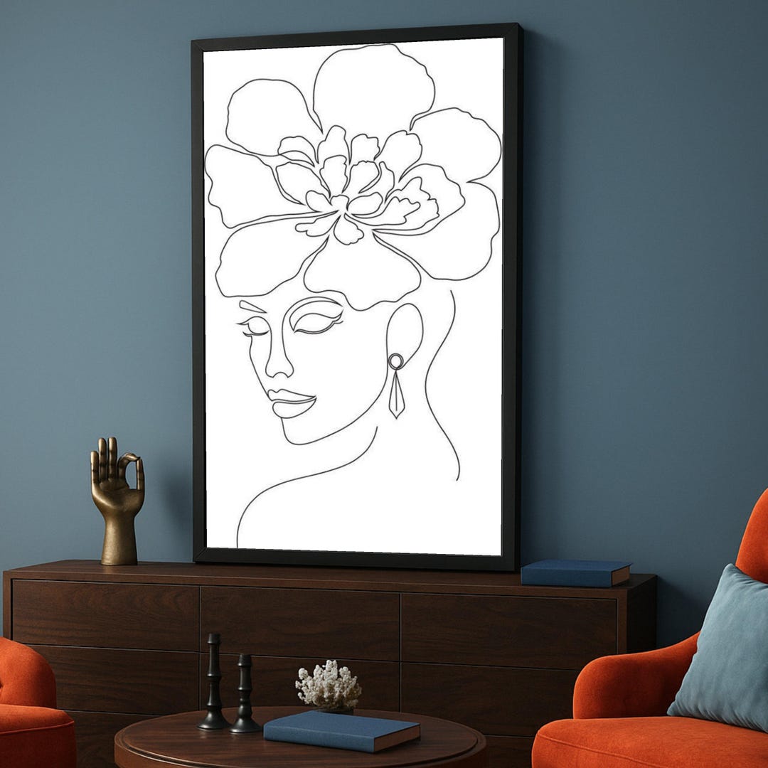 Elegant Floral Woman Line Art Canvas, Minimalist Face Wall Art, Modern ...