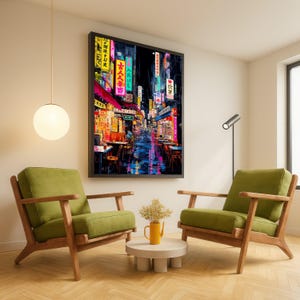 Vibrant Neon City Street Scene, Asian Night Market Canvas, Urban Lights Wall Art, Colorful Cityscape Canvas, Modern Home Decoration