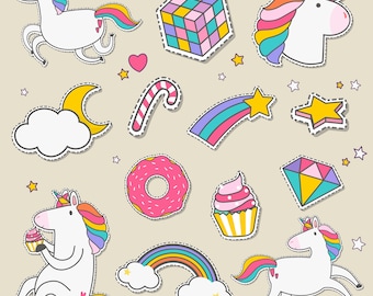 May include: A set of colorful iron-on patches featuring unicorns, rainbows, stars, a donut, a cupcake, a candy cane, a cloud with a crescent moon, a shooting star, a diamond, and a Rubik's cube.