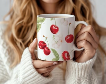 Cherry Coffee Mug, Cottagecore Aesthetic, Fruit Print