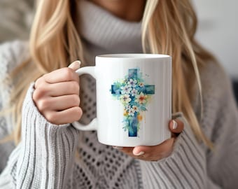 Floral Cross Coffee Mug, Religious Gift