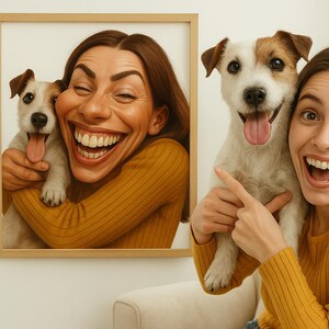 Ritratto personalizzato di cane e proprietario - Disegno di animale domestico in stile caricaturale divertente / Regalo digitale per gli amanti dei cani / Arte del fumetto personalizzata per animali domestici