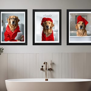 Custom Pet Portraits Set of 3 - Funny Bathroom Art - Pet in Bathtub - Personalized Dog Mom Gift - Red Color