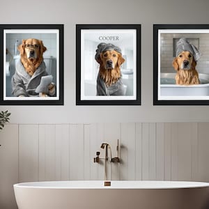 Custom Pet Portraits Set of 3 - Personalized Funny Bathroom Art - Pet in Bathtub - Dog Mom Gift Illustration - Gray Color