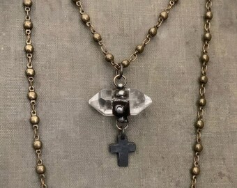Small Crystal Pendant Necklace, Soldered Crystal, Boho Crystal, Rustic Brass Cross, Cross Charm, Edgy, Vintage Brass Chain, Rustic Crystal