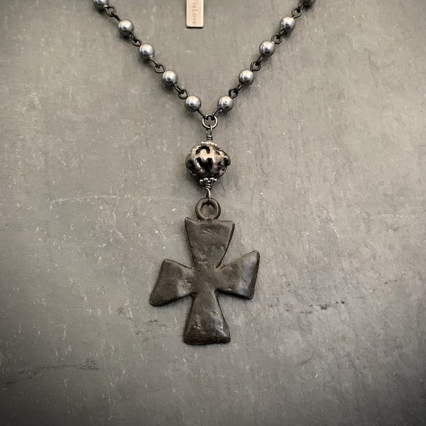 Gothic Cross Necklace, Rustic Cross, Rustic Necklace, Gray Pearl, Rosary Pearl Style, Artisan Necklace, Silver Pearl, Cross Pendant, ViaLove