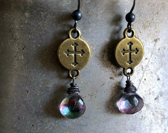 Gemstone Charm Earrings, TOPAZ Stone, Rainbow Stone, Cross Charm, Brass Earring, Blue Violet, Dangle Stone, Dainty Small, Religious, Vialove