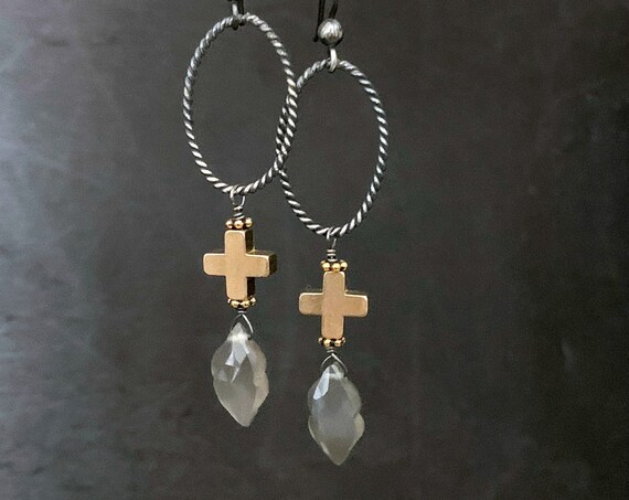 Romantic Gray Moonstone STERLING SILVER Gold Cross Earrings
