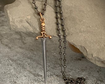 Black Sterling Silver Sword Necklace, Black Dagger, Black and Gold, Delicate Bead Chain, Oxidized Silver, Gothic Old World Jewelry, ViaLove