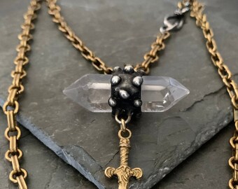 Raw Crystal Necklace, Sword Necklace, Statement Necklace, Vintage Brass Chain, Dagger Necklace, Quartz Crystal, Stone Pendant, Boho Crystal