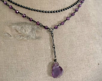 Amethyst Gemstone Necklace, Solid Sterling Silver, Double Strand, Amethyst Stone Pendant, Raw Stone Amethyst, Edgy, Raw Crystal, ViaLove