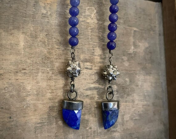 Long Blue Lapis Lazuli Tusk Crystal Ball Earrings