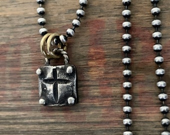 Tiny Cross Charm Necklace, Mixed Metal, Silver and Gold, Oxidized Silver, Feminine Edgy Jewelry, Small Cross, Cross Pendant, Edgy Necklace