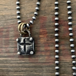 Tiny Cross Charm Necklace, Mixed Metal, Silver and Gold, Oxidized Silver, Feminine Edgy Jewelry, Small Cross, Cross Pendant, Edgy Necklace