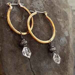 Herkimer Diamond Hoop Earrings, Stone Dangle Hoop, Everyday Earrings, Brass Hoop, Clear Crystal, Raw Crystal, Raw Stone, Gold and Silver image 4