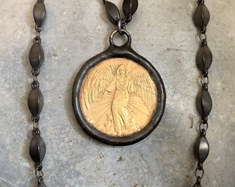 Angel Pendant Necklace, Warrior Angel, Mixed Metal Necklace, Religious Necklace Angel, Spiritual Necklace, Round Coin Pendant, ViaLove