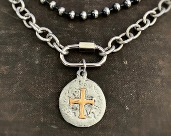 Round Cross Medal Necklace, Two Tone Pendant, Mixed Metal Pendant, Silver Gold Cross, Carabiner Charm, Circle Cross, Spanish Cross, ViaLove