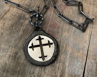 Gothic Cross Necklace, Solid Sterling Silver Chain, Silver Cross, Oxidized Silver, Toggle Clasp, Cross Medal, Coin Pendant, ViaLove, Edgy