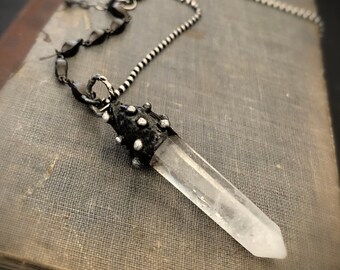 Crystal Point Statement Necklace, Long Pendant, Sterling Silver Chain, Crystal Pendant, Oxidized Silver, Asymmetrical Necklace, ViaLove