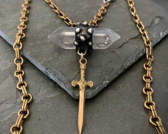 Raw Crystal Necklace, Sword Necklace, Statement Necklace, Vintage Brass Chain, Dagger Necklace, Quartz Crystal, Stone Pendant, Boho Crystal