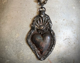 Rustic Sacred Heart Necklace, Handmade Statement Necklace, Gunmetal Chain, Goth, Rustic Jewelry, Unique Jewelry, Pendant Necklace, ViaLove