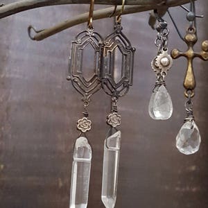 Long Bohemian Crystal Earrings, WINDOW PANE Earrings, Whimsigoth, Real Crystal, Long Dangle, Rustic Jewelry, Boho, Raw Crystal Jewelry image 4