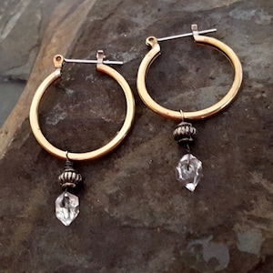 Herkimer Diamond Hoop Earrings, Stone Dangle Hoop, Everyday Earrings, Brass Hoop, Clear Crystal, Raw Crystal, Raw Stone, Gold and Silver image 1