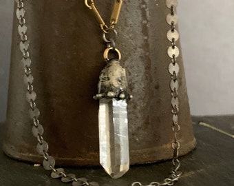 Asymmetrical Crystal Point Necklace, Crystal Quartz Point Pendant, Mixed Metal Unique Edgy Jewelry, Raw Stone, Brass Vintage Chain, ViaLove