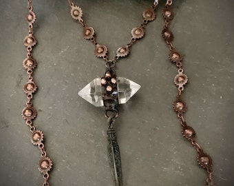 Gothic Crystal Pendant Necklace, Handmade Jewelry, Medieval, Antique Copper, Spike Dagger, Dark Jewelry, Clear Quartz Pendant, Goth Necklace