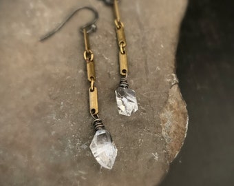 Long Herkimer Diamond Earrings, Long Dangle Light Weight, Drop Stone, Dangle Stone, Small Crystal Dangle, Two Tone, Mixed Metal, ViaLove