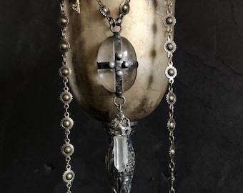 Crystal Pendant Statement Necklace, Handmade Statement Jewelry, Unique Pendant, Antique Brass Chain, Quartz Crystal, Maltese Cross, ViaLove
