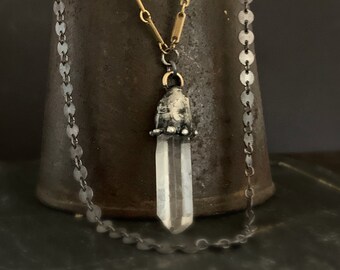 Asymmetrical Crystal Point Necklace, Crystal Quartz Point Pendant, Mixed Metal Unique Edgy Jewelry, Raw Stone, Brass Vintage Chain, ViaLove