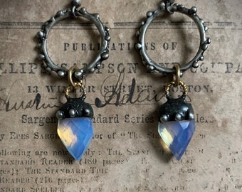 Opalite Gemstone Earrings, Small Dangle, Mixed Metal Earrings, Silver and Brass, Medieval Style, Edgy, Handmade Earrings, Unique Earrings