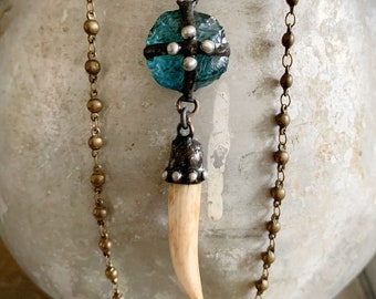 Artisan Unique Pendant Necklace, Long Tusk Horn Pendant, Stone Pendant, Long Rustic Necklace, Antler Tip, Boho Rustic Jewelry, ViaLove