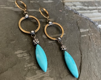 Long Turquoise Earrings, Boho Earrings, Gold Turquoise, Rustic Jewelry, Long Dangle Turquoise, Robins Egg Blue, Boho Turquoise, ViaLove